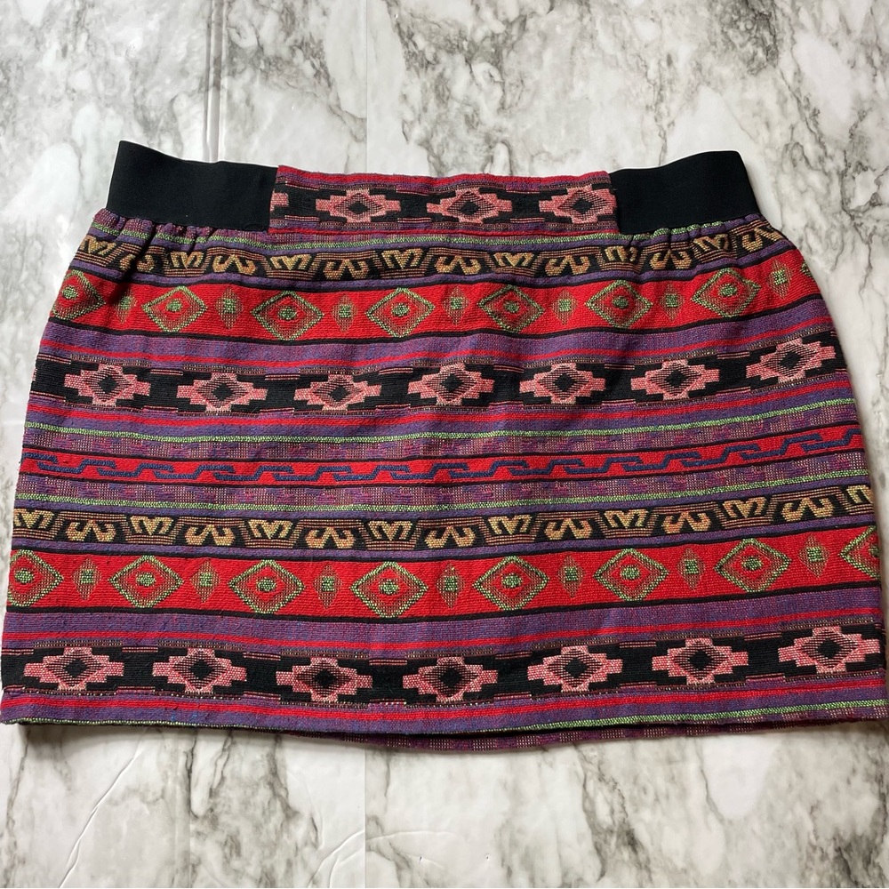 Anthropologie Red Pink Black Patterned Mini Skirt